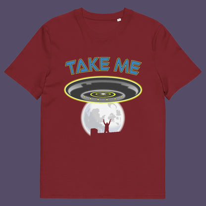 Burgundy t-shirt. This funny alien abduction t-shirt is a must for everyone who feels they have you had enough of this planet or, more to the point, the human race. Do you sometimes think you would be better off being abducted ? Made from 100% organic ring-spun cotton, this funny sci fi t-shirt is unisex, high-quality, super comfy, and best of all, eco-friendly.