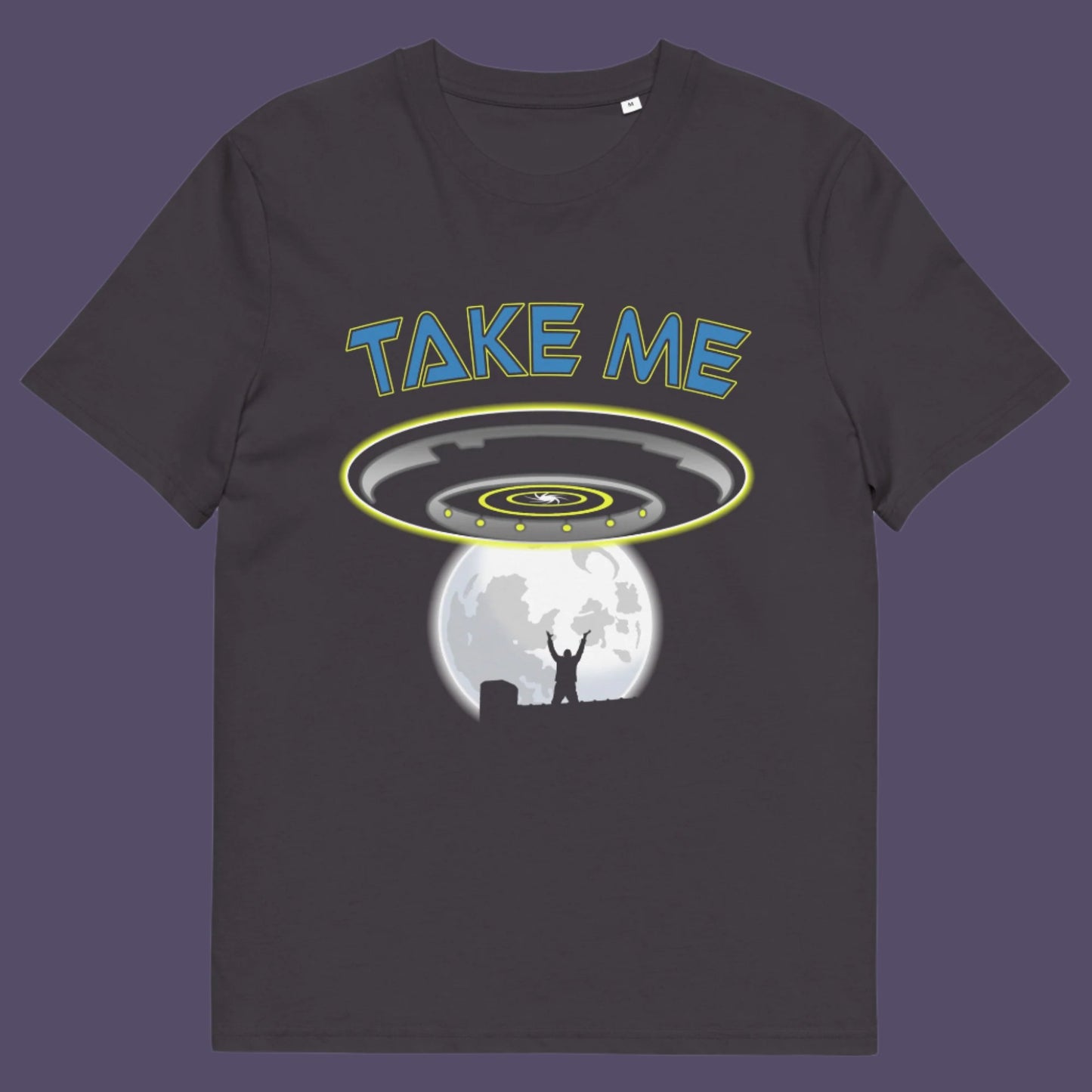 Anthracite t-shirt. This alien abduction t shirt is a must for everyone who feels they have you had enough of this planet or, more to the point, the human race. Do you sometimes think you would be better off being abducted ? Made from 100% organic ring-spun cotton, this cool sci fi t shirt is unisex, high-quality, super comfy, and best of all, eco-friendly.