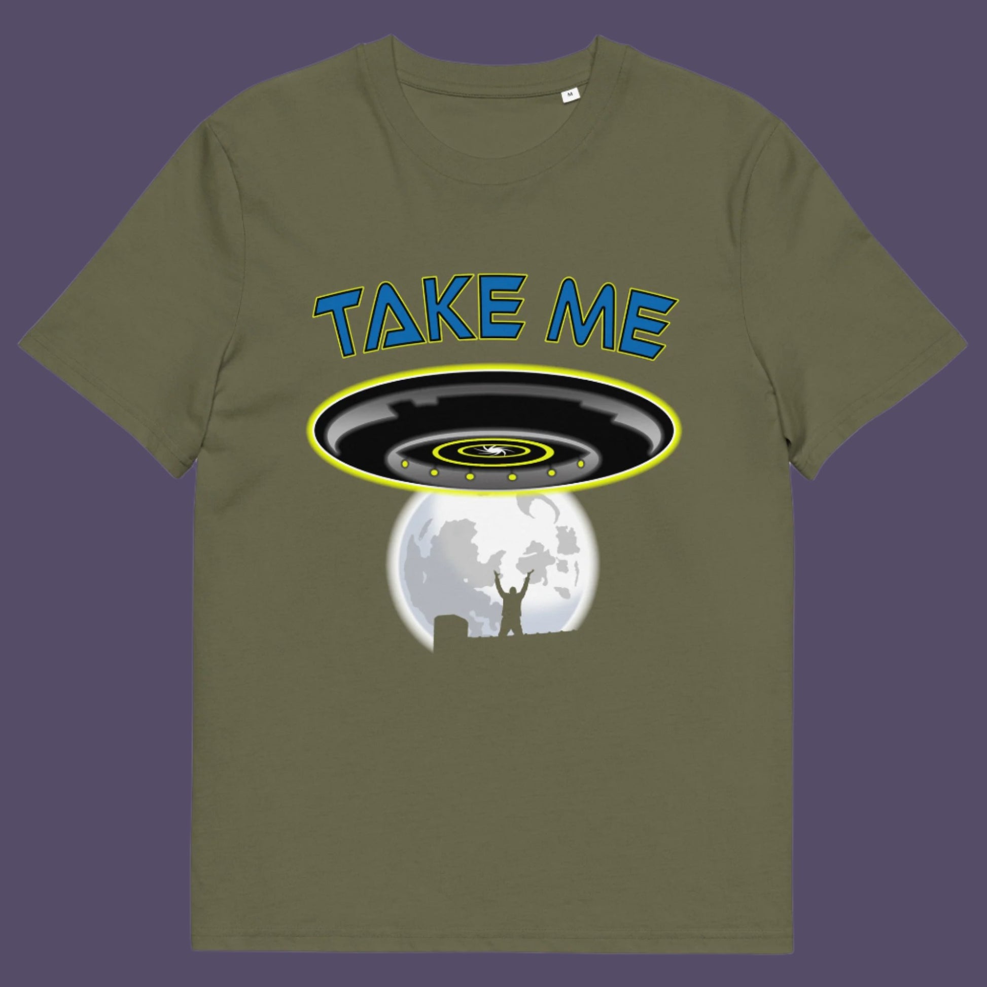 Khaki t-shirt. This alien abduction t shirt is a must for everyone who feels they have you had enough of this planet or, more to the point, the human race. Do you sometimes think you would be better off being abducted ? Made from 100% organic ring-spun cotton, this cool sci fi t shirt is unisex, high-quality, super comfy, and best of all, eco-friendly.