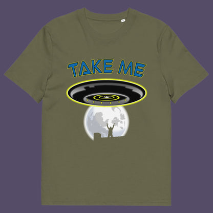 Khaki t-shirt. This alien abduction t shirt is a must for everyone who feels they have you had enough of this planet or, more to the point, the human race. Do you sometimes think you would be better off being abducted ? Made from 100% organic ring-spun cotton, this cool sci fi t shirt is unisex, high-quality, super comfy, and best of all, eco-friendly.