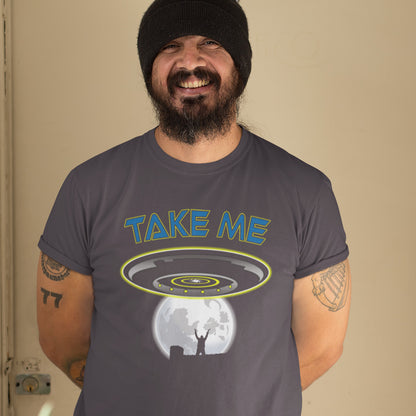 Man wearing a t-shirt with 'Take Me' UFO design against a beige wall. This alien abduction t shirt is a must for everyone who feels they have you had enough of this planet or, more to the point, the human race. Do you sometimes think you would be better off being abducted ? Made from 100% organic ring-spun cotton, this cool sci fi t shirt is unisex, high-quality, super comfy, and best of all, eco-friendly.