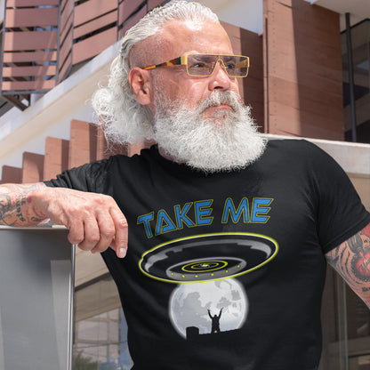 Man wearing a black t-shirt with 'TAKE ME' and UFO design, standing outdoors. This alien abduction t shirt is a must for everyone who feels they have you had enough of this planet or, more to the point, the human race. Do you sometimes think you would be better off being abducted ? Made from 100% organic ring-spun cotton, this cool sci fi t shirt is unisex, high-quality, super comfy, and best of all, eco-friendly.