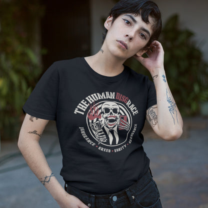 Person wearing a black t-shirt with a graphic design and text. This broken society t shirt exposes the dark side of people. A great urban art design if you believe the human race has descended into a disgrace and we need educating about our own weaknesses before it's too late. Made from 100% organic ring-spun cotton, these social issues t shirts are unisex, high quality, super comfy, and best of all, eco-friendly.