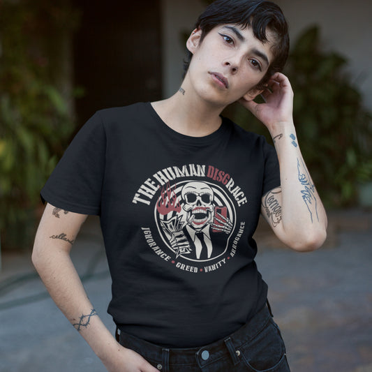 Person wearing a black t-shirt with a graphic design and text. This broken society t shirt exposes the dark side of people. A great urban art design if you believe the human race has descended into a disgrace and we need educating about our own weaknesses before it's too late. Made from 100% organic ring-spun cotton, these social issues t shirts are unisex, high quality, super comfy, and best of all, eco-friendly.