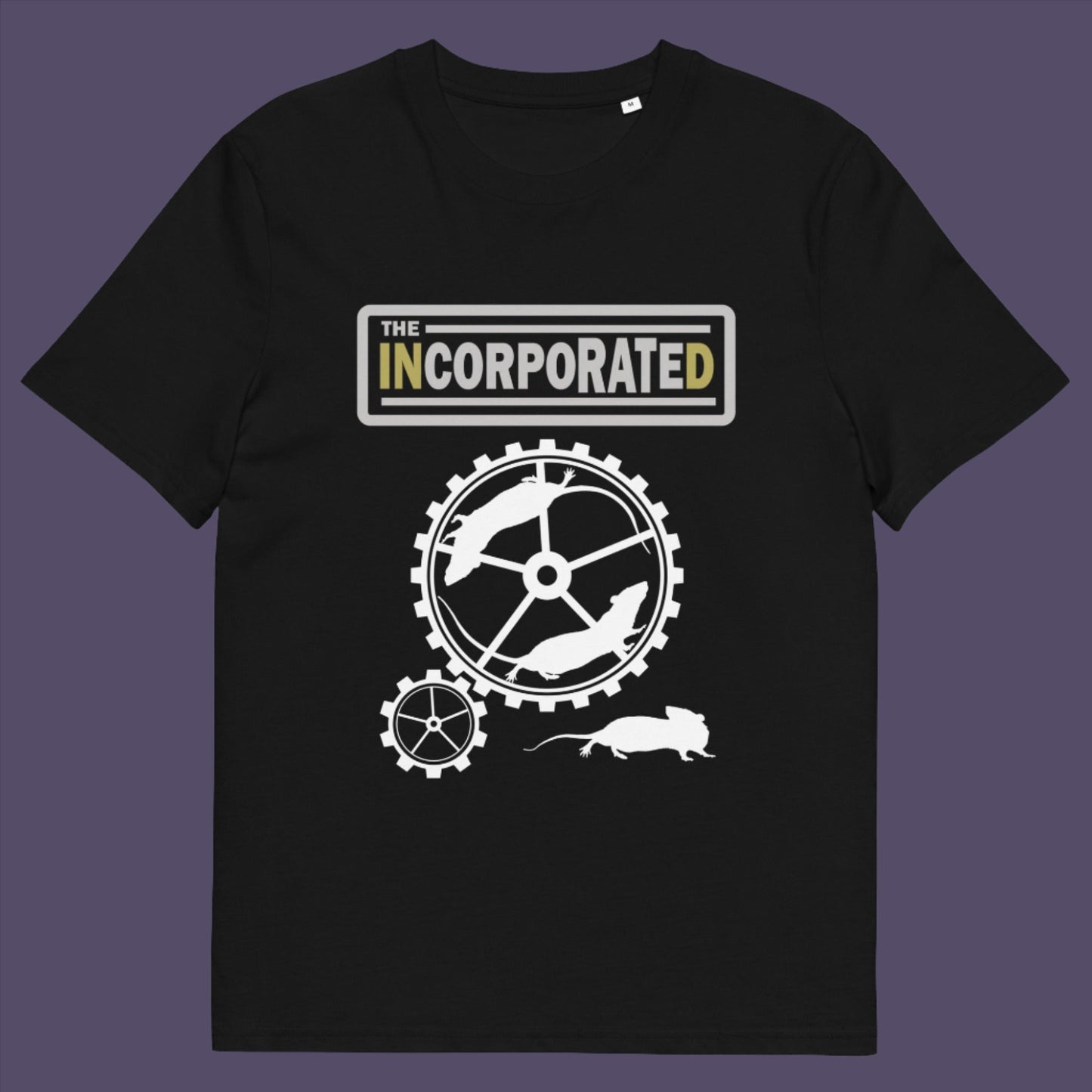 Black t-shirt. This political economic t-shirts questions the effects of a corporate run society. A satirical and alternative view of the modern rat race. Made from 100% organic ring-spun cotton, this counter culture t-shirt is unisex, high-quality, super comfy, and best of all, eco-friendly.