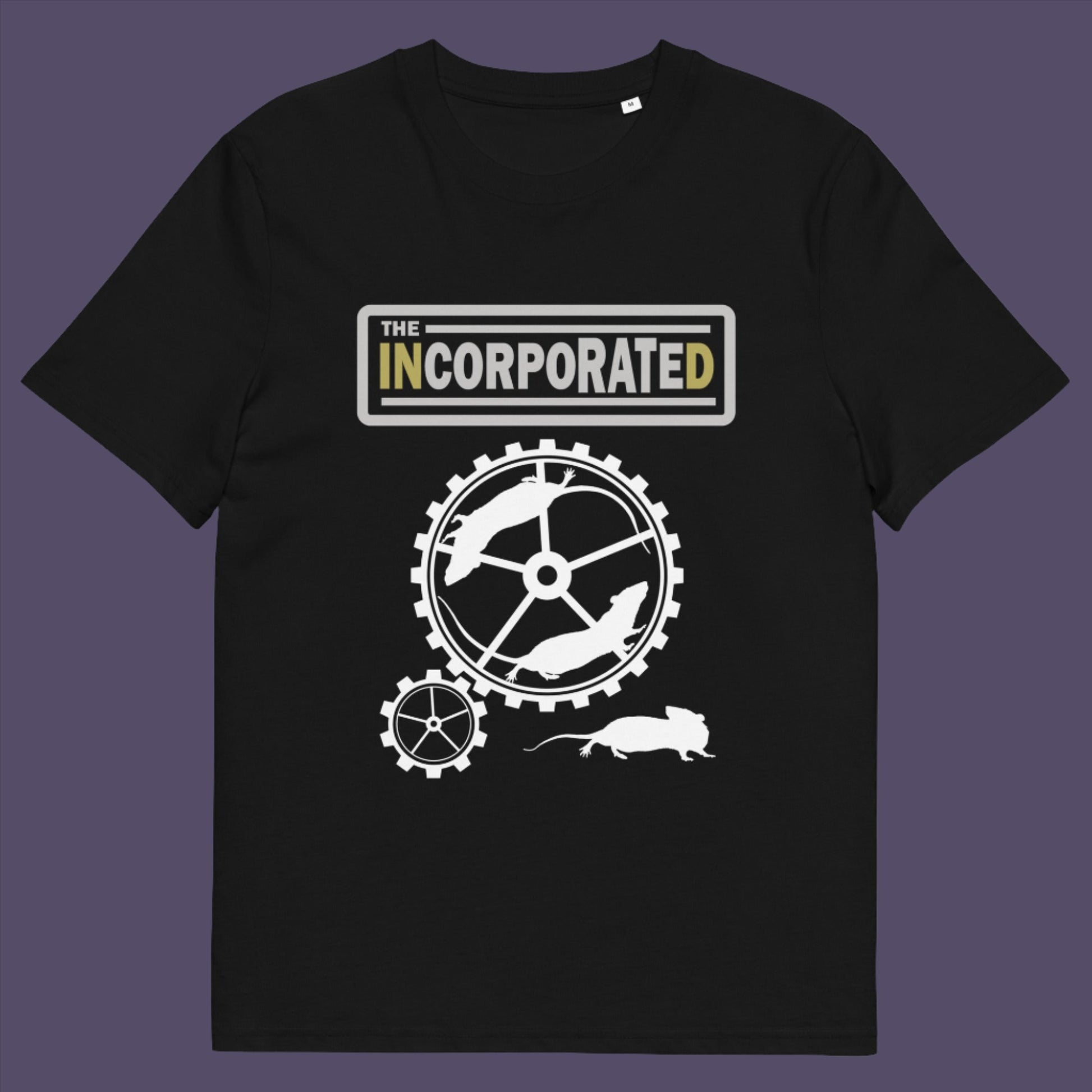 Black t-shirt. This political economic t-shirts questions the effects of a corporate run society. A satirical and alternative view of the modern rat race. Made from 100% organic ring-spun cotton, this counter culture t-shirt is unisex, high-quality, super comfy, and best of all, eco-friendly.