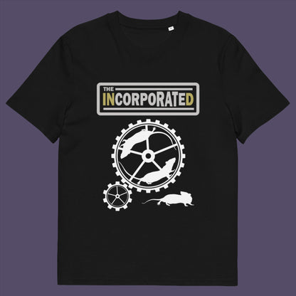 Black t-shirt. This political economic t-shirts questions the effects of a corporate run society. A satirical and alternative view of the modern rat race. Made from 100% organic ring-spun cotton, this counter culture t-shirt is unisex, high-quality, super comfy, and best of all, eco-friendly.