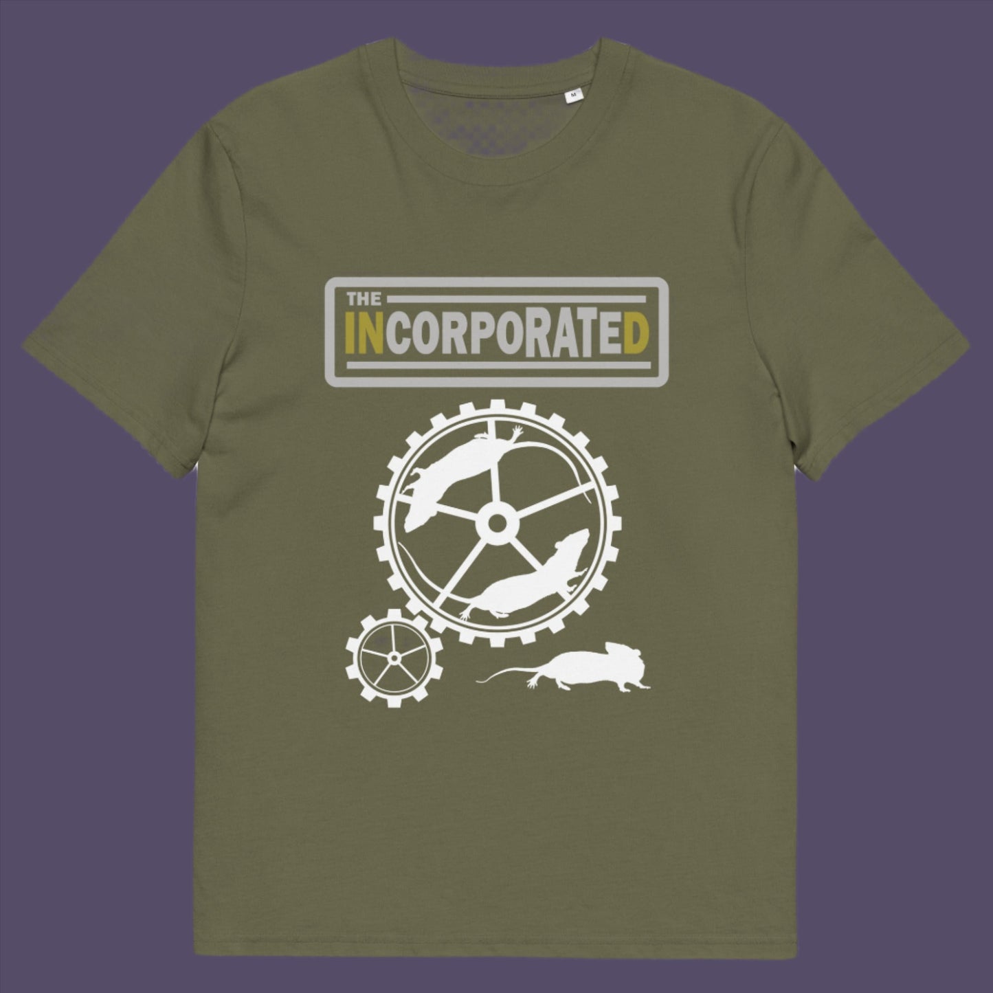 Khaki t-shirt. This political economic t-shirts questions the effects of a corporate run society. A satirical and alternative view of the modern rat race. Made from 100% organic ring-spun cotton, this counter culture t-shirt is unisex, high-quality, super comfy, and best of all, eco-friendly.