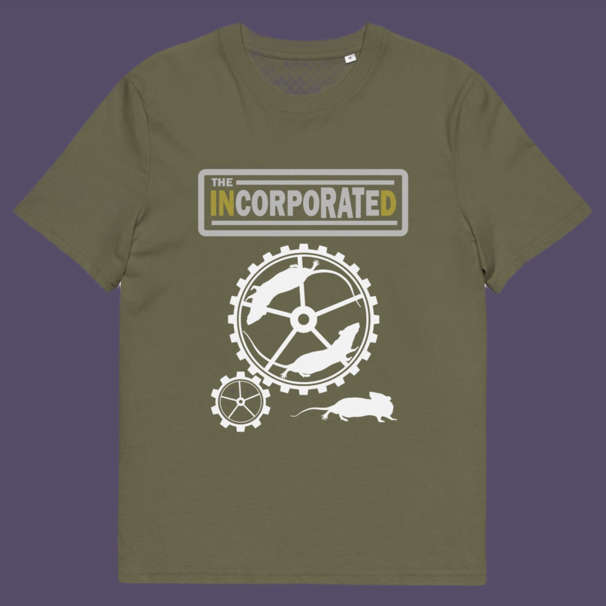 Khaki t-shirt. This political economic t-shirts questions the effects of a corporate run society. A satirical and alternative view of the modern rat race. Made from 100% organic ring-spun cotton, this counter culture t-shirt is unisex, high-quality, super comfy, and best of all, eco-friendly.
