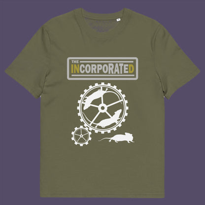 Khaki t-shirt. This political economic t-shirts questions the effects of a corporate run society. A satirical and alternative view of the modern rat race. Made from 100% organic ring-spun cotton, this counter culture t-shirt is unisex, high-quality, super comfy, and best of all, eco-friendly.