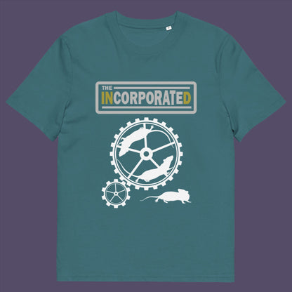 Light blue t-shirt. This political economic t-shirts questions the effects of a corporate run society. A satirical and alternative view of the modern rat race. Made from 100% organic ring-spun cotton, this counter culture t-shirt is unisex, high-quality, super comfy, and best of all, eco-friendly.