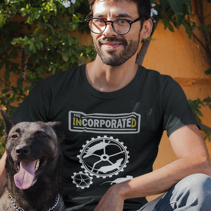 Man with dog wearing Black t-shirt. This political economic t-shirts questions the effects of a corporate run society. A satirical and alternative view of the modern rat race. Made from 100% organic ring-spun cotton, this counter culture t-shirt is unisex, high-quality, super comfy, and best of all, eco-friendly.