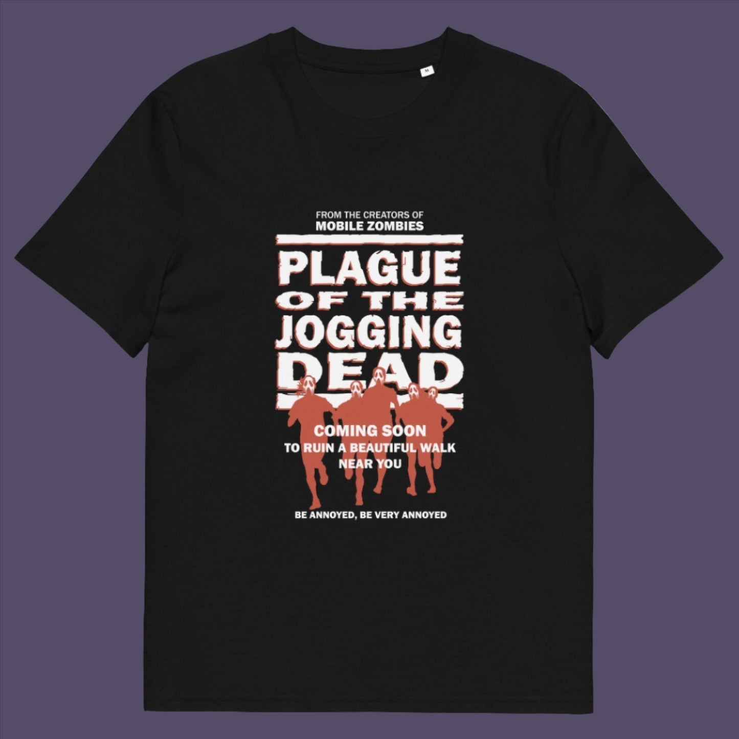 Black t-shirt. A social issues t shirt about jogging in a horror movie design. Just when you thought it was safe to go out for a nice relaxing walk. Made from 100% organic ring-spun cotton, this social awareness t-shirt is unisex, high-quality, super comfy, and best of all, eco-friendly.