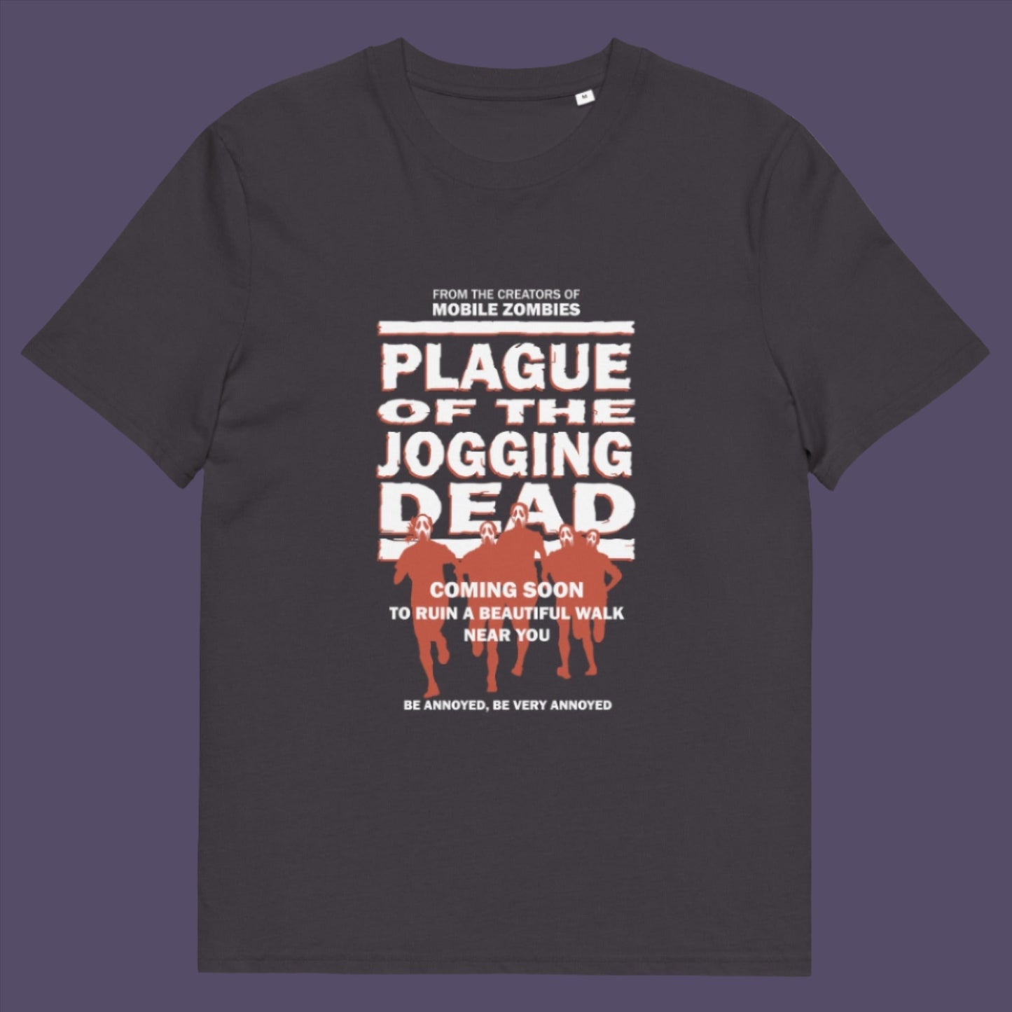 Anthracite t-shirt. A social issues t shirt about jogging in a horror movie design. Just when you thought it was safe to go out for a nice relaxing walk. Made from 100% organic ring-spun cotton, this social awareness t-shirt is unisex, high-quality, super comfy, and best of all, eco-friendly.