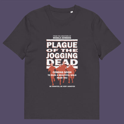 Anthracite t-shirt. A social issues t shirt about jogging in a horror movie design. Just when you thought it was safe to go out for a nice relaxing walk. Made from 100% organic ring-spun cotton, this social awareness t-shirt is unisex, high-quality, super comfy, and best of all, eco-friendly.