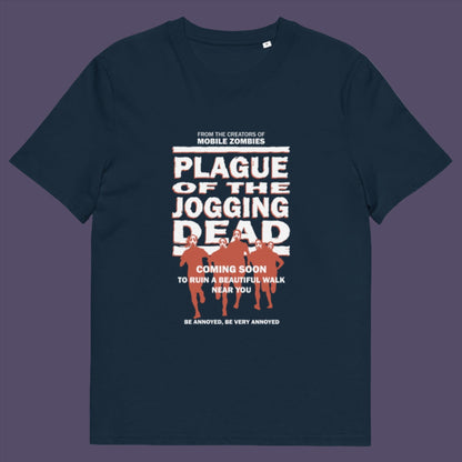 French navy t-shirt. A social issues t shirt about jogging in a horror movie design. Just when you thought it was safe to go out for a nice relaxing walk. Made from 100% organic ring-spun cotton, this social awareness t-shirt is unisex, high-quality, super comfy, and best of all, eco-friendly.