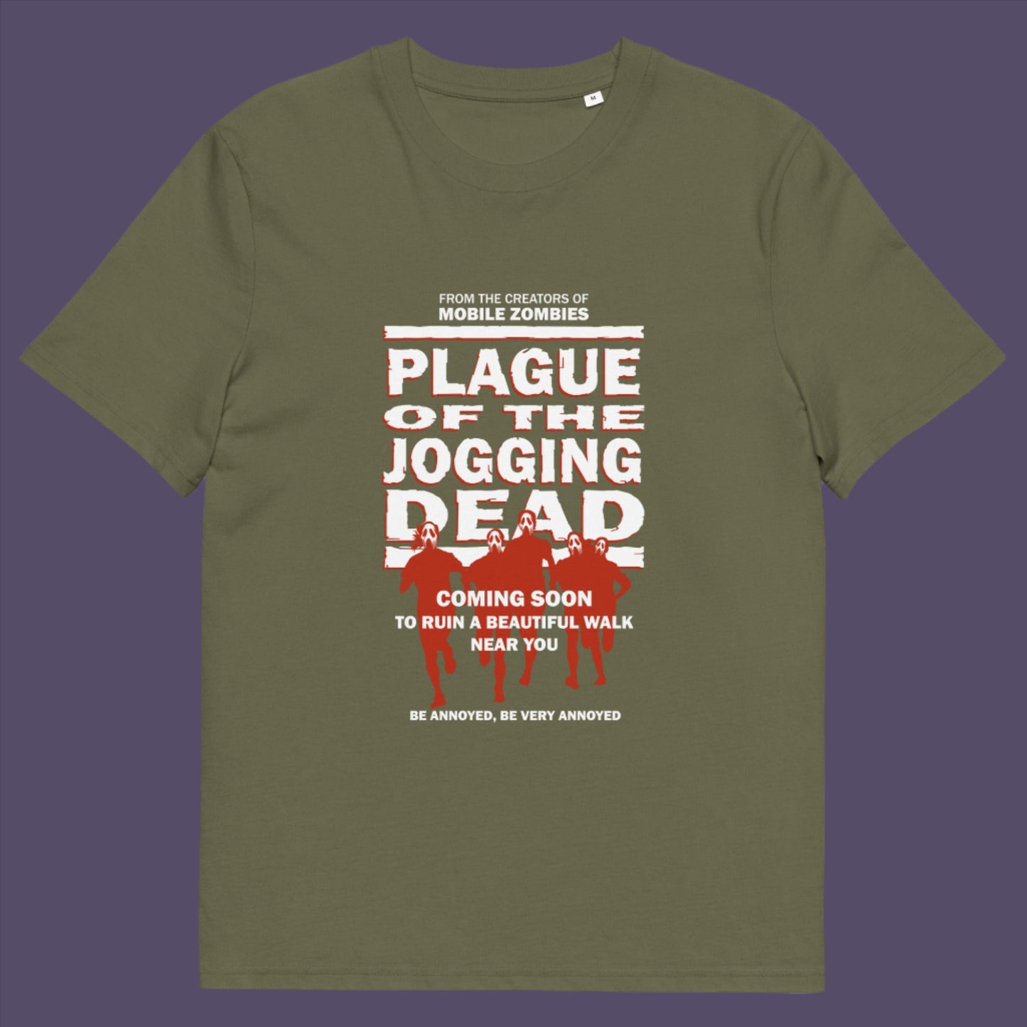 Khaki t-shirt. A social issues t shirt about jogging in a horror movie design. Just when you thought it was safe to go out for a nice relaxing walk. Made from 100% organic ring-spun cotton, this social awareness t-shirt is unisex, high-quality, super comfy, and best of all, eco-friendly.
