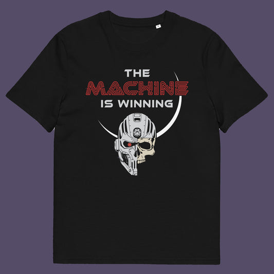 Black t shirt. This anti ai t shirt design highlights concern for the future of the human race. Show your concern with technological advancement as it threatens to replace the need for humans in more ways than one. Made from 100% organic ring-spun cotton, this counterculture t shirt is unisex, high quality, super comfy, and best of all, eco-friendly.