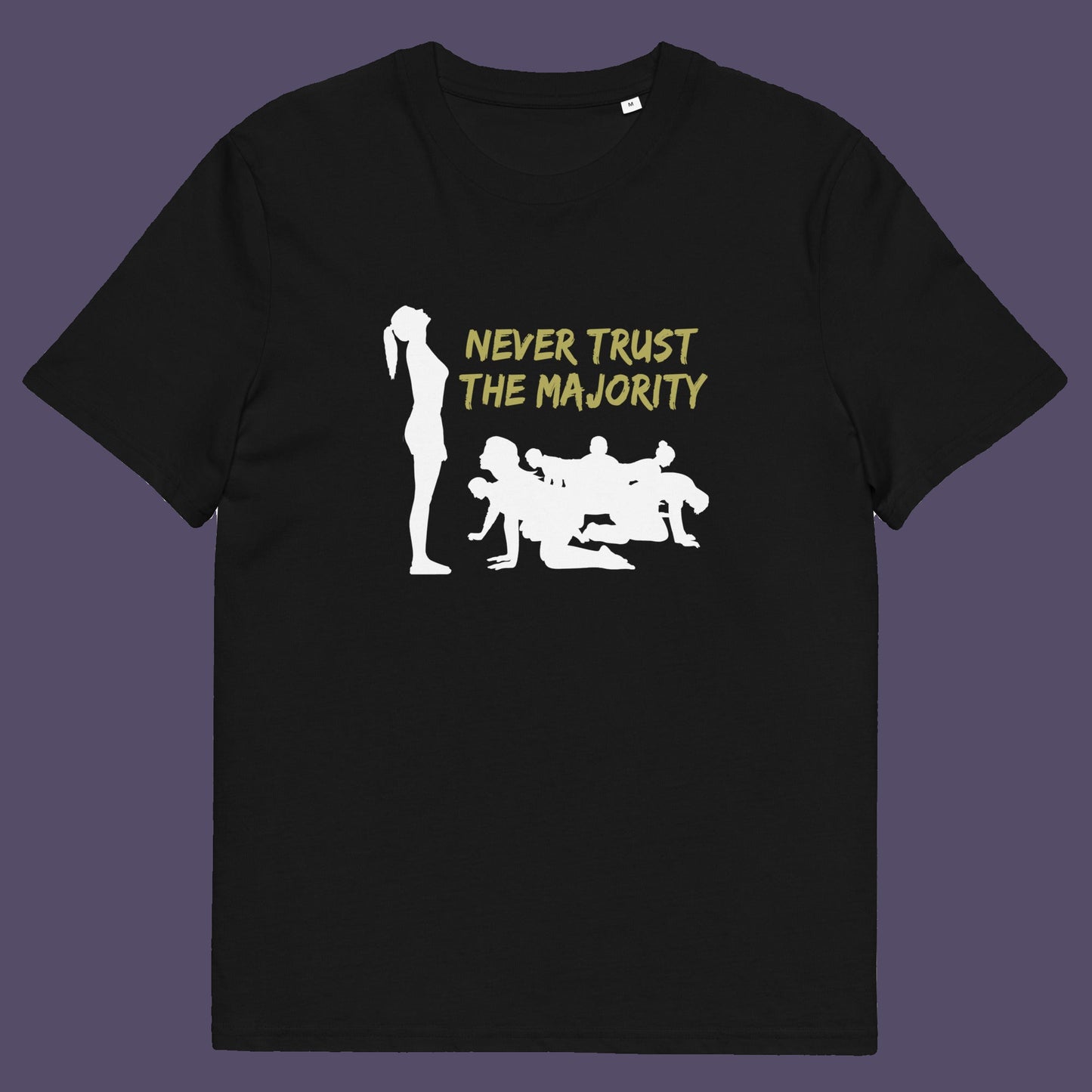 Black t-shirt. This self worth t shirt promotes independent thought. In this era of manipulation, indoctrination, misinformation and gaslighting, you have to think twice before believing what the majority of people think. Promote independent thinking and diversity with this satirical 'think outside the box' design. Made from 100% organic ring-spun cotton, this non conformist t shirt is unisex, high quality, super comfy, and best of all, eco-friendly.