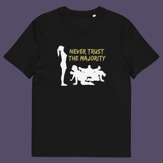Black t-shirt. This self worth t shirt promotes independent thought. In this era of manipulation, indoctrination, misinformation and gaslighting, you have to think twice before believing what the majority of people think. Promote independent thinking and diversity with this satirical 'think outside the box' design. Made from 100% organic ring-spun cotton, this non conformist t shirt is unisex, high quality, super comfy, and best of all, eco-friendly.