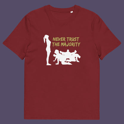 Burgundy t-shirt. This self worth t shirt promotes independent thought. In this era of manipulation, indoctrination, misinformation and gaslighting, you have to think twice before believing what the majority of people think. Promote independent thinking and diversity with this satirical 'think outside the box' design. Made from 100% organic ring-spun cotton, this non conformist t shirt is unisex, high quality, super comfy, and best of all, eco-friendly.