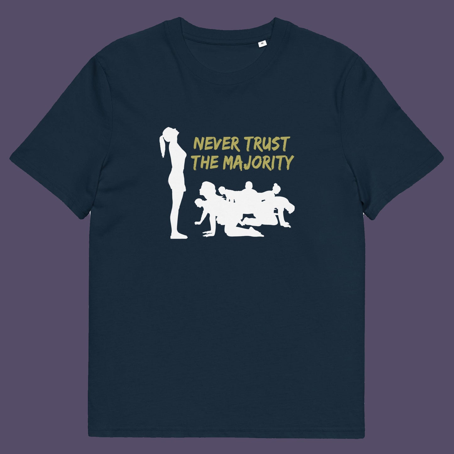 French navy t-shirt. This self worth t shirt promotes independent thought. In this era of manipulation, indoctrination, misinformation and gaslighting, you have to think twice before believing what the majority of people think. Promote independent thinking and diversity with this satirical 'think outside the box' design. Made from 100% organic ring-spun cotton, this non conformist t shirt is unisex, high quality, super comfy, and best of all, eco-friendly..