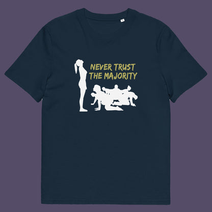 French navy t-shirt. This self worth t shirt promotes independent thought. In this era of manipulation, indoctrination, misinformation and gaslighting, you have to think twice before believing what the majority of people think. Promote independent thinking and diversity with this satirical 'think outside the box' design. Made from 100% organic ring-spun cotton, this non conformist t shirt is unisex, high quality, super comfy, and best of all, eco-friendly..