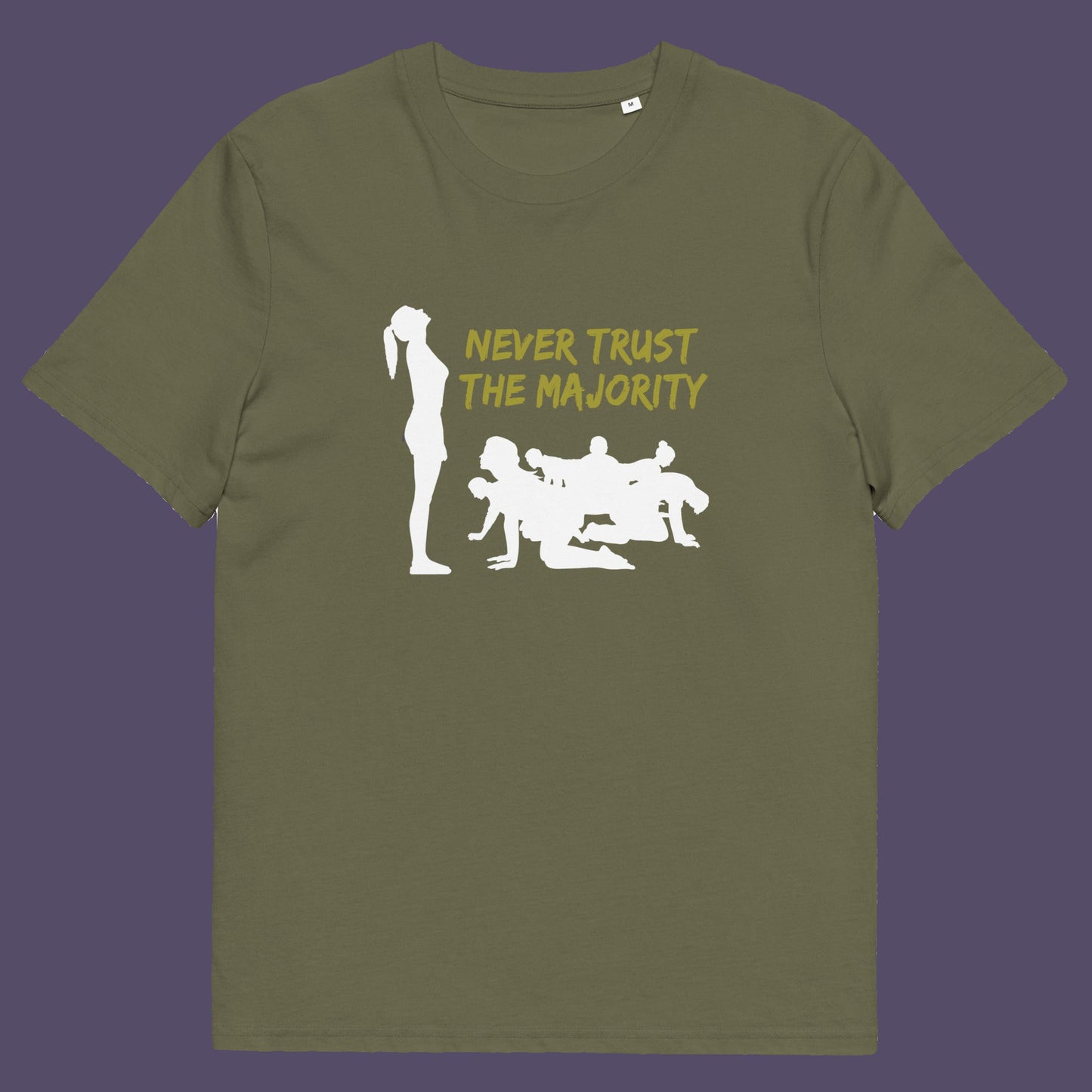 Khaki t-shirt. This self worth t shirt promotes independent thought. In this era of manipulation, indoctrination, misinformation and gaslighting, you have to think twice before believing what the majority of people think. Promote independent thinking and diversity with this satirical 'think outside the box' design. Made from 100% organic ring-spun cotton, this non conformist t shirt is unisex, high quality, super comfy, and best of all, eco-friendly.