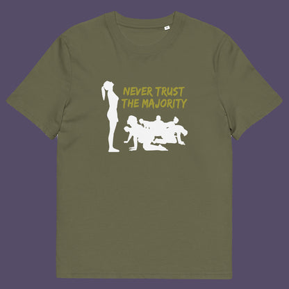 Khaki t-shirt. This self worth t shirt promotes independent thought. In this era of manipulation, indoctrination, misinformation and gaslighting, you have to think twice before believing what the majority of people think. Promote independent thinking and diversity with this satirical 'think outside the box' design. Made from 100% organic ring-spun cotton, this non conformist t shirt is unisex, high quality, super comfy, and best of all, eco-friendly.