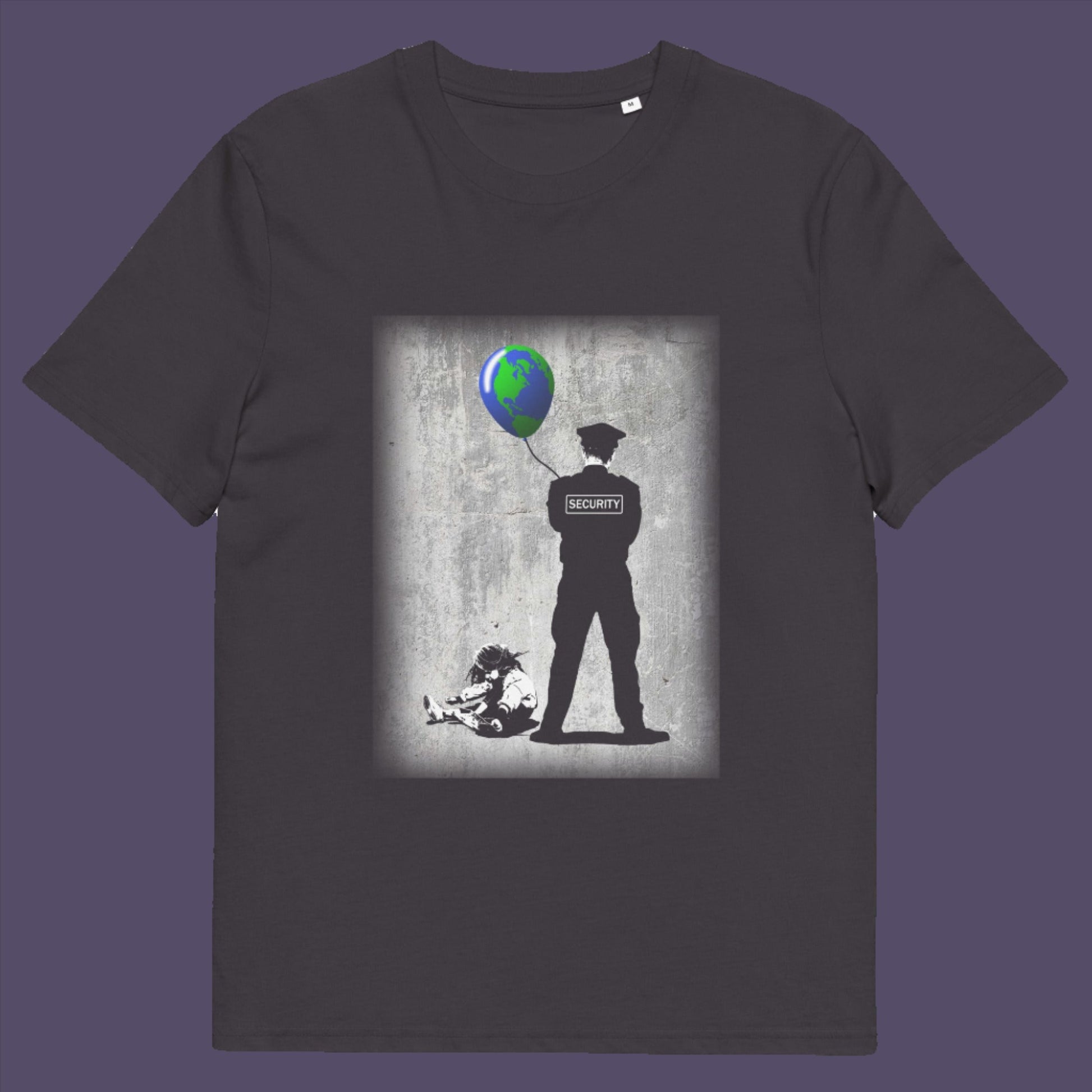 Anthracite t-shirt. A Banksy style graffiti t-shirt with a political message suggesting that we possible left the world in the wrong hands while being distracted. Save the planet by giving it back to the children. Made from 100% organic ring-spun cotton, this graffiti stencil art t-shirt is unisex, high-quality, super comfy, and best of all, eco-friendly.