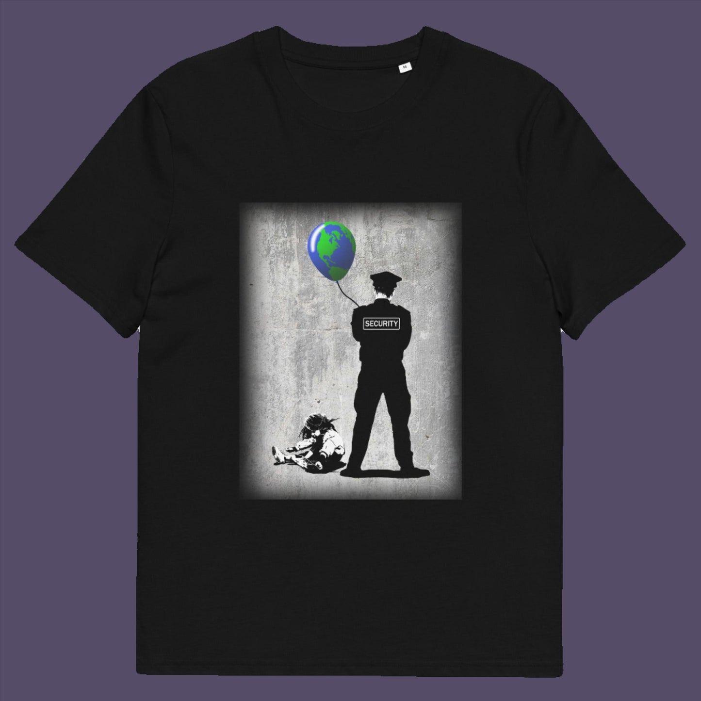 Black t-shirt. A Banksy style graffiti t-shirt with a political message suggesting that we possible left the world in the wrong hands while being distracted. Save the planet by giving it back to the children. Made from 100% organic ring-spun cotton, this graffiti stencil art t-shirt is unisex, high-quality, super comfy, and best of all, eco-friendly.