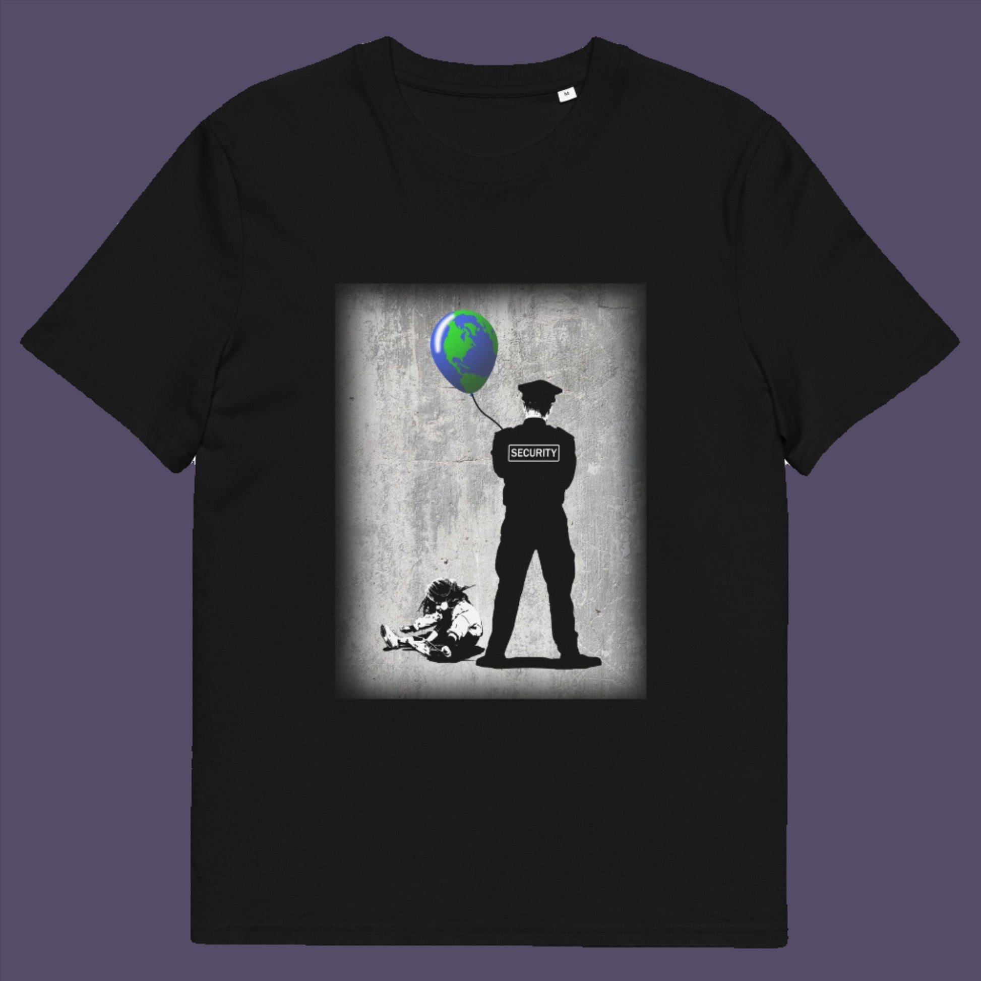 Black t-shirt. A Banksy style graffiti t-shirt with a political message suggesting that we possible left the world in the wrong hands while being distracted. Save the planet by giving it back to the children. Made from 100% organic ring-spun cotton, this graffiti stencil art t-shirt is unisex, high-quality, super comfy, and best of all, eco-friendly.