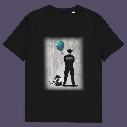 Black t-shirt. A Banksy style graffiti t-shirt with a political message suggesting that we possible left the world in the wrong hands while being distracted. Save the planet by giving it back to the children. Made from 100% organic ring-spun cotton, this graffiti stencil art t-shirt is unisex, high-quality, super comfy, and best of all, eco-friendly.
