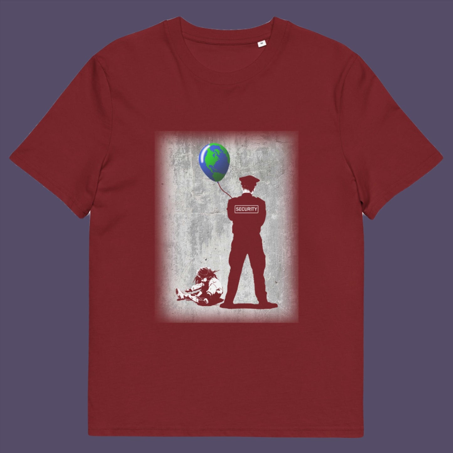 Burgundy t-shirt. A Banksy style graffiti t-shirt with a political message suggesting that we possible left the world in the wrong hands while being distracted. Save the planet by giving it back to the children. Made from 100% organic ring-spun cotton, this graffiti stencil art t-shirt is unisex, high-quality, super comfy, and best of all, eco-friendly.