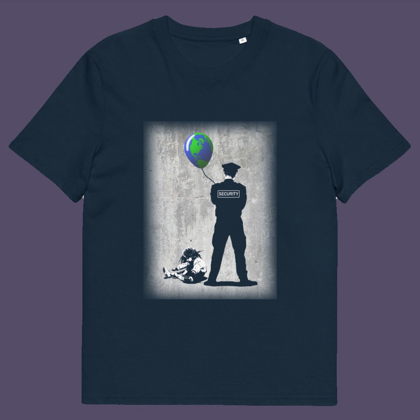 French navy t-shirt. A Banksy style graffiti t-shirt with a political message suggesting that we possible left the world in the wrong hands while being distracted. Save the planet by giving it back to the children. Made from 100% organic ring-spun cotton, this graffiti stencil art t-shirt is unisex, high-quality, super comfy, and best of all, eco-friendly.