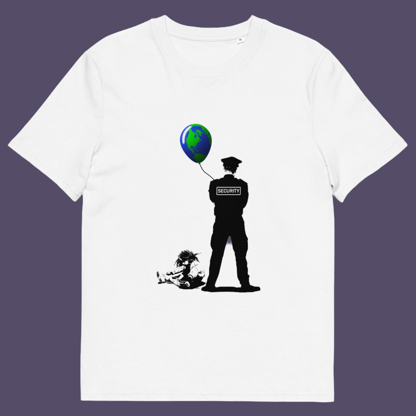 White t-shirt. A Banksy style graffiti t-shirt with a political message suggesting that we possible left the world in the wrong hands while being distracted. Save the planet by giving it back to the children. Made from 100% organic ring-spun cotton, this graffiti stencil art t-shirt is unisex, high-quality, super comfy, and best of all, eco-friendly.