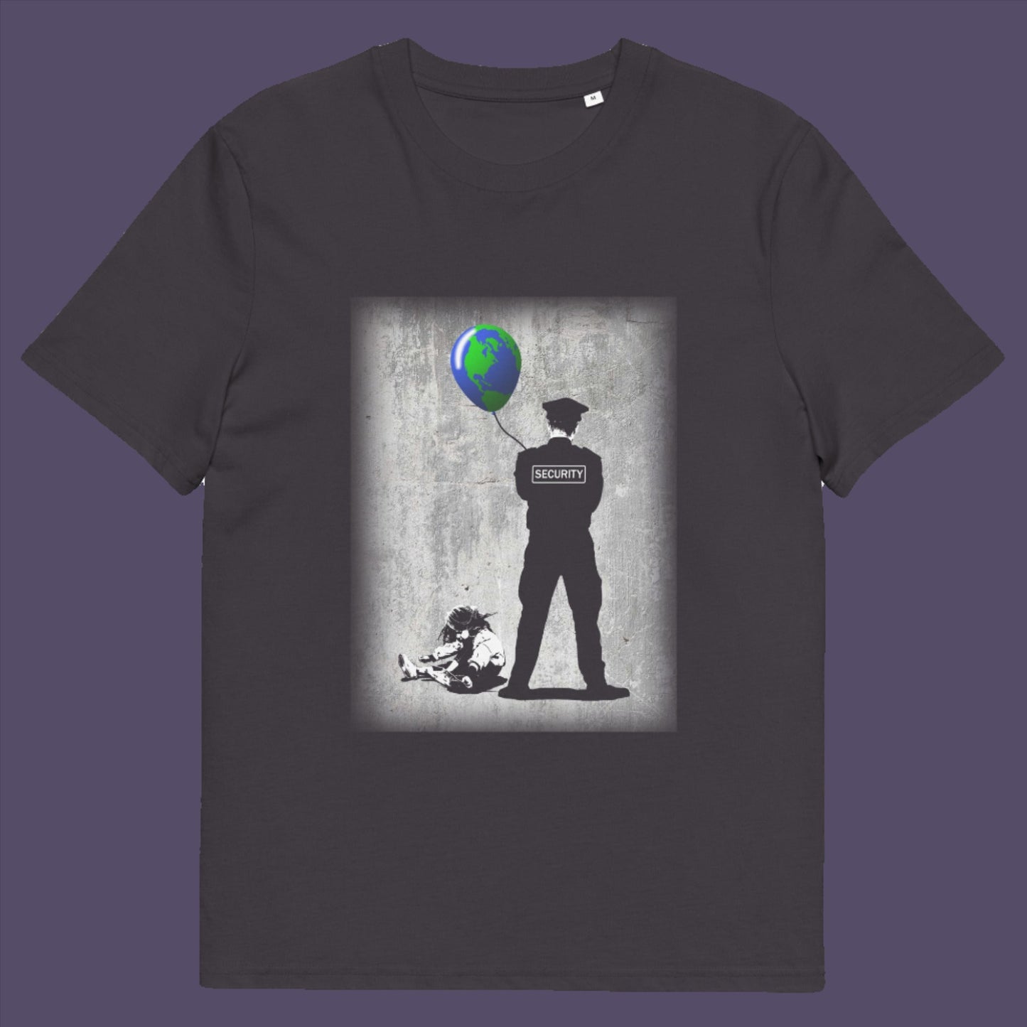 Anthracite t-shirt. A stencil graffiti t shirt with a political message suggesting that we possible left the world in the wrong hands while being distracted. Save the planet by giving it back to the children. Made from 100% organic ring-spun cotton, this urban art t shirt is unisex, high-quality, super comfy, and best of all, eco-friendly.