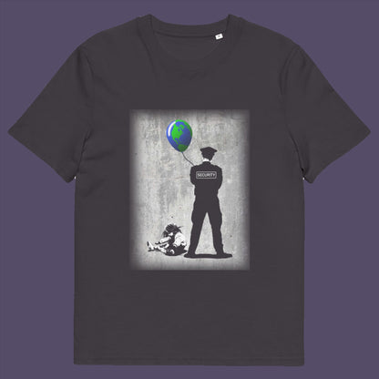 Anthracite t-shirt. A stencil graffiti t shirt with a political message suggesting that we possible left the world in the wrong hands while being distracted. Save the planet by giving it back to the children. Made from 100% organic ring-spun cotton, this urban art t shirt is unisex, high-quality, super comfy, and best of all, eco-friendly.