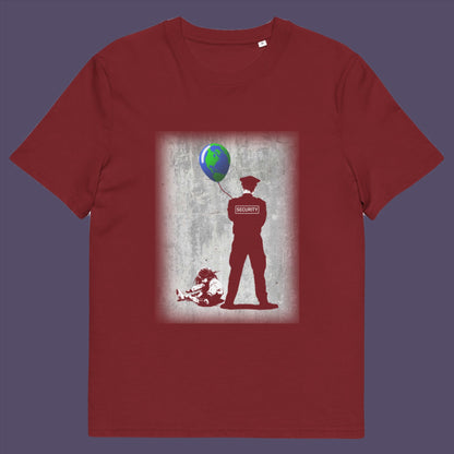 Burgundy t-shirt. A stencil graffiti t shirt with a political message suggesting that we possible left the world in the wrong hands while being distracted. Save the planet by giving it back to the children. Made from 100% organic ring-spun cotton, this urban art t shirt is unisex, high-quality, super comfy, and best of all, eco-friendly.