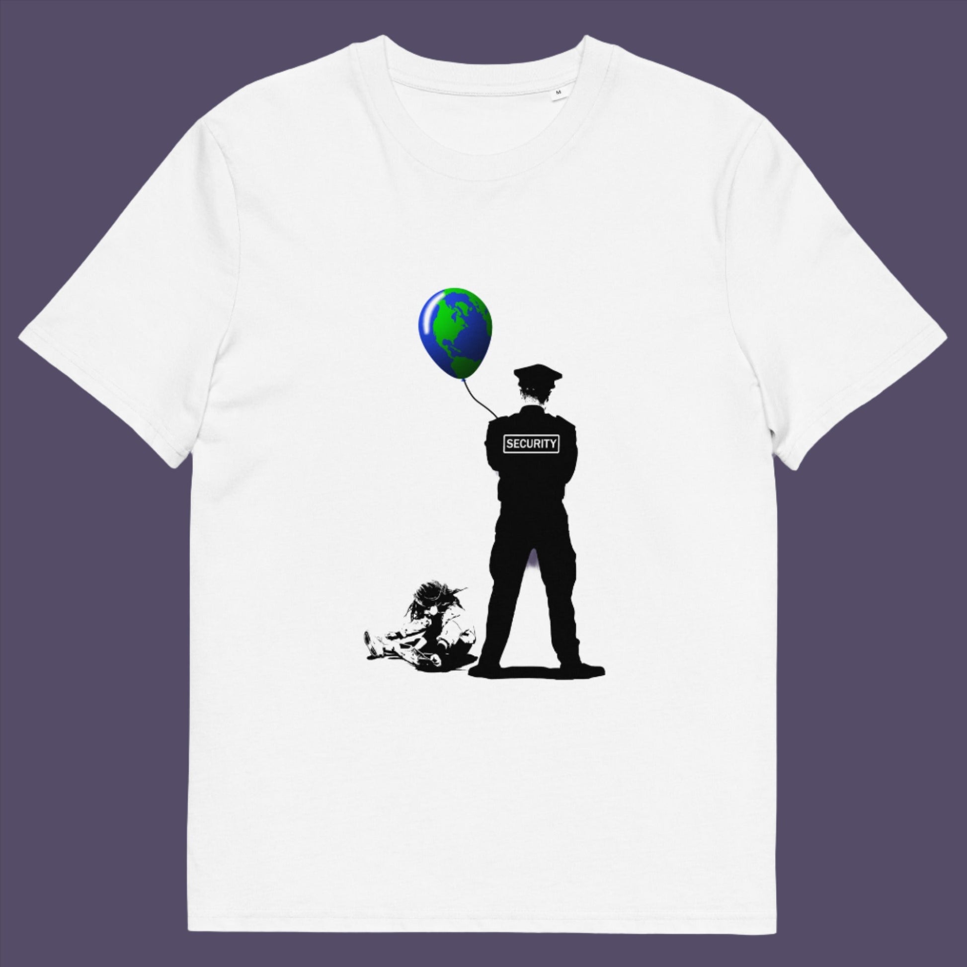 White t-shirt. A stencil graffiti t shirt with a political message suggesting that we possible left the world in the wrong hands while being distracted. Save the planet by giving it back to the children. Made from 100% organic ring-spun cotton, this urban art t shirt is unisex, high-quality, super comfy, and best of all, eco-friendly.