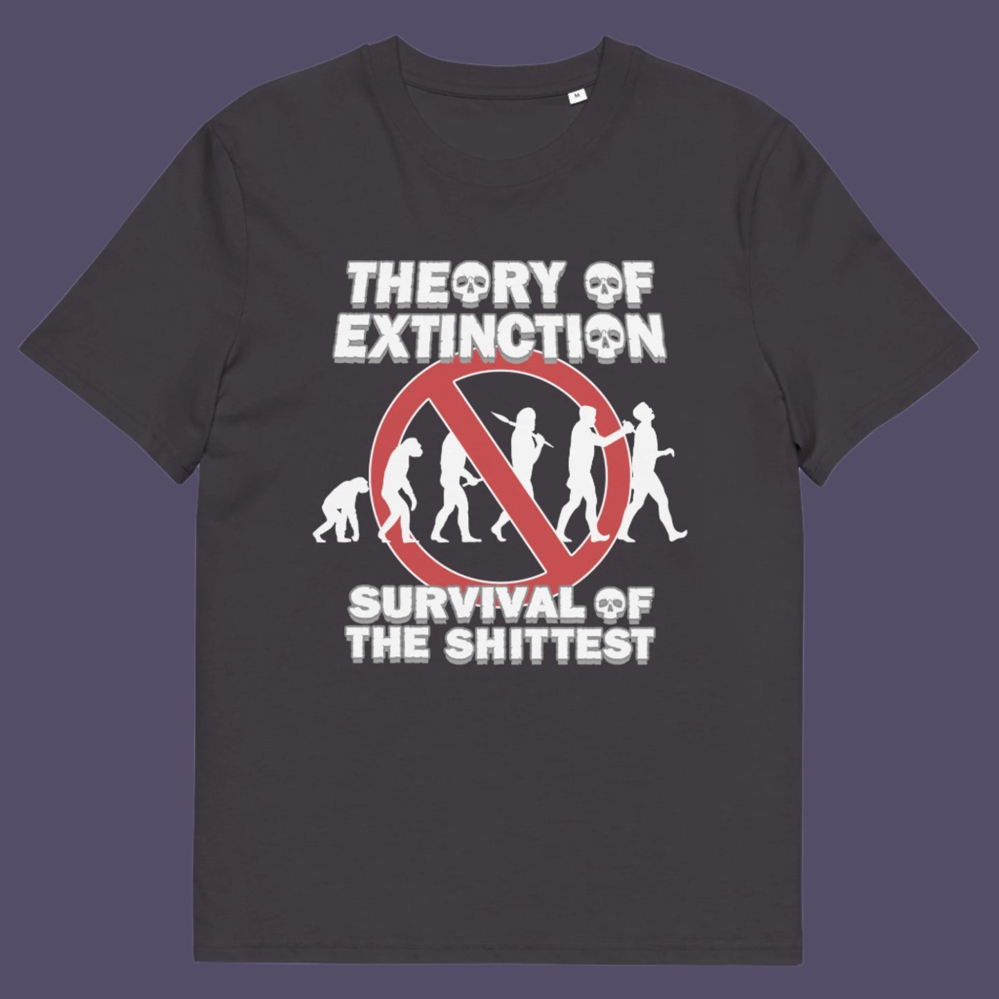 Anthracite t shirt. This broken society t shirt design questions our evolution and suggests we are headed for a dark future. In a capitalist system built to promote greed, are we evolving any more or is constantly competing with each other the beginning of the end. Made from 100% organic ring-spun cotton, these funny extinction t shirts are unisex, high quality, super comfy, and best of all, eco-friendly.