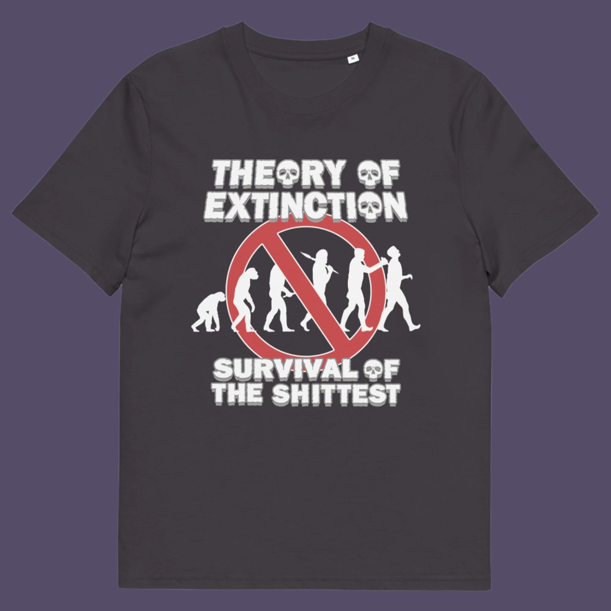 Anthracite t shirt. This broken society t shirt design questions our evolution and suggests we are headed for a dark future. In a capitalist system built to promote greed, are we evolving any more or is constantly competing with each other the beginning of the end. Made from 100% organic ring-spun cotton, these funny extinction t shirts are unisex, high quality, super comfy, and best of all, eco-friendly.