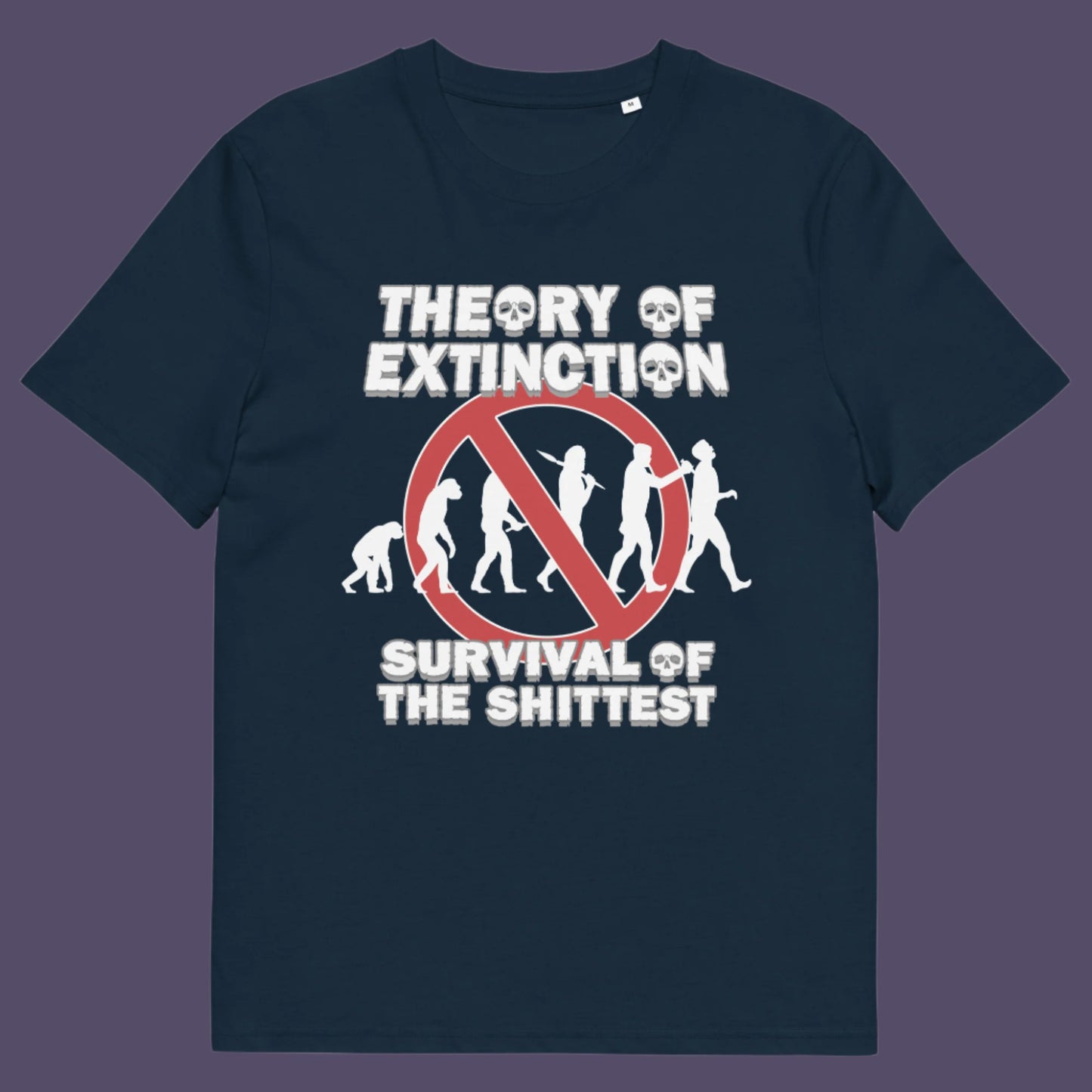 French navy t shirt. This broken society t shirt design questions our evolution and suggests we are headed for a dark future. In a capitalist system built to promote greed, are we evolving any more or is constantly competing with each other the beginning of the end. Made from 100% organic ring-spun cotton, these funny extinction t shirts are unisex, high quality, super comfy, and best of all, eco-friendly.