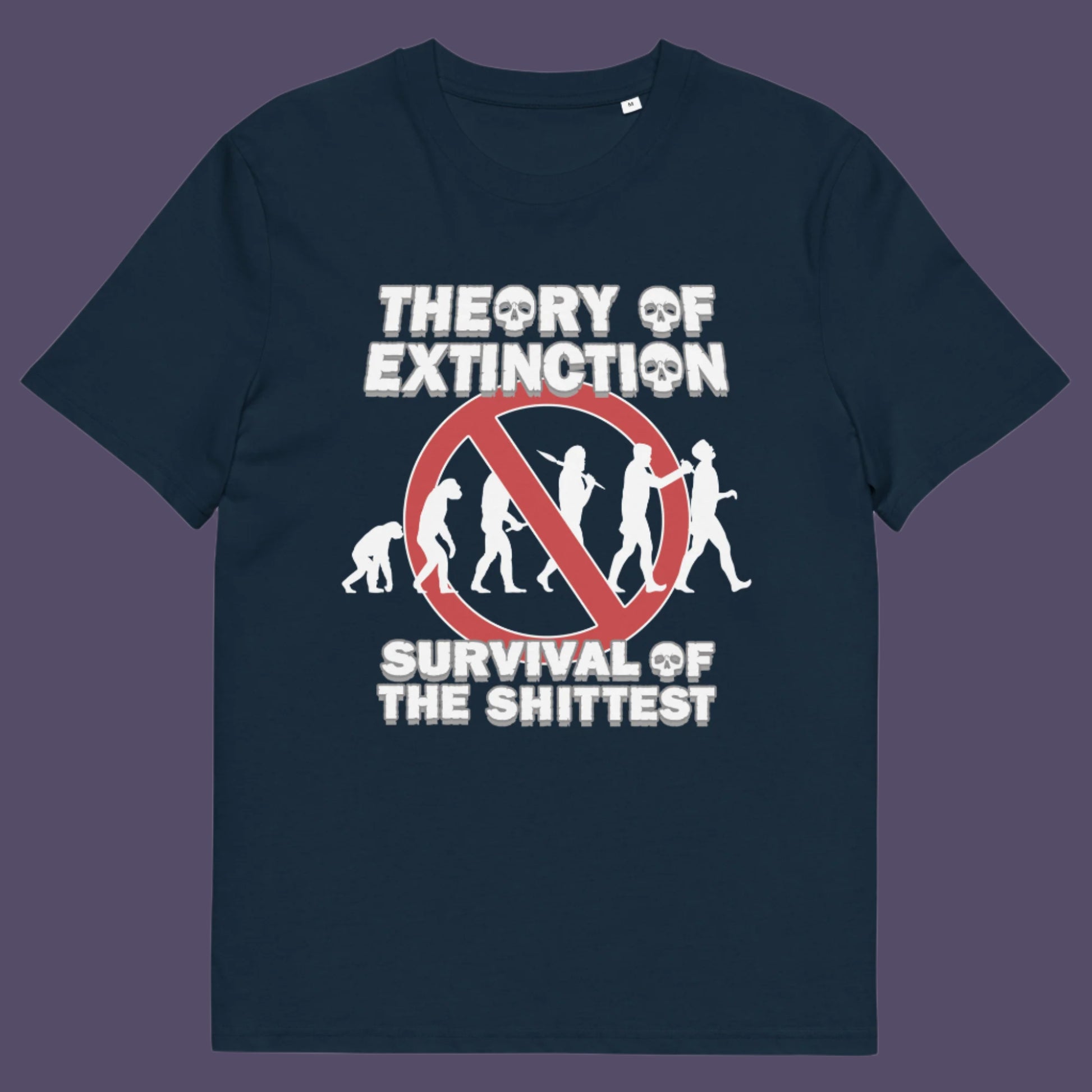 French navy t shirt. This broken society t shirt design questions our evolution and suggests we are headed for a dark future. In a capitalist system built to promote greed, are we evolving any more or is constantly competing with each other the beginning of the end. Made from 100% organic ring-spun cotton, these funny extinction t shirts are unisex, high quality, super comfy, and best of all, eco-friendly.