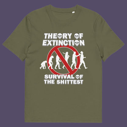 Khaki t shirt. This broken society t shirt design questions our evolution and suggests we are headed for a dark future. In a capitalist system built to promote greed, are we evolving any more or is constantly competing with each other the beginning of the end. Made from 100% organic ring-spun cotton, these funny extinction t shirts are unisex, high quality, super comfy, and best of all, eco-friendly.