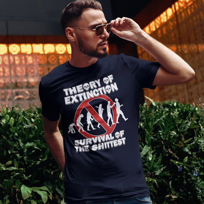 Man wearing a black t-shirt with a humorous graphic design outdoors. This broken society t shirt design questions our evolution and suggests we are headed for a dark future. In a capitalist system built to promote greed, are we evolving any more or is constantly competing with each other the beginning of the end. Made from 100% organic ring-spun cotton, these funny extinction t shirts are unisex, high quality, super comfy, and best of all, eco-friendly.