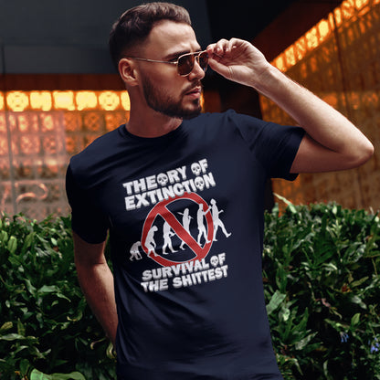 A man in sunglasses wearing a French navy t-shirt with a graphic on the front. The graphic features the text 'THEORY OF EXTINCTION' and 'SURVIVAL OF THE SHITTEST' in white, surrounding a red prohibition sign over white silhouettes of human evolution.