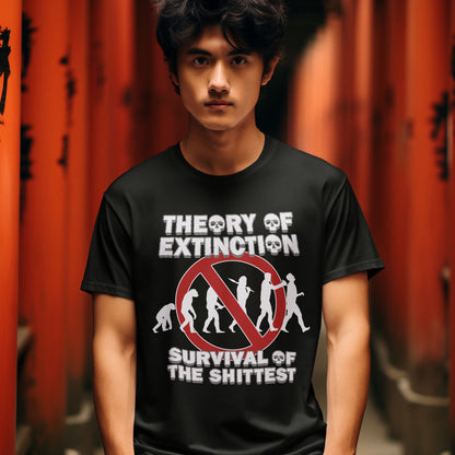 Person wearing a black t-shirt with a graphic design and text in front of orange curtains. This broken society t shirt design questions our evolution and suggests we are headed for a dark future. In a capitalist system built to promote greed, are we evolving any more or is constantly competing with each other the beginning of the end. Made from 100% organic ring-spun cotton, these funny extinction t shirts are unisex, high quality, super comfy, and best of all, eco-friendly.