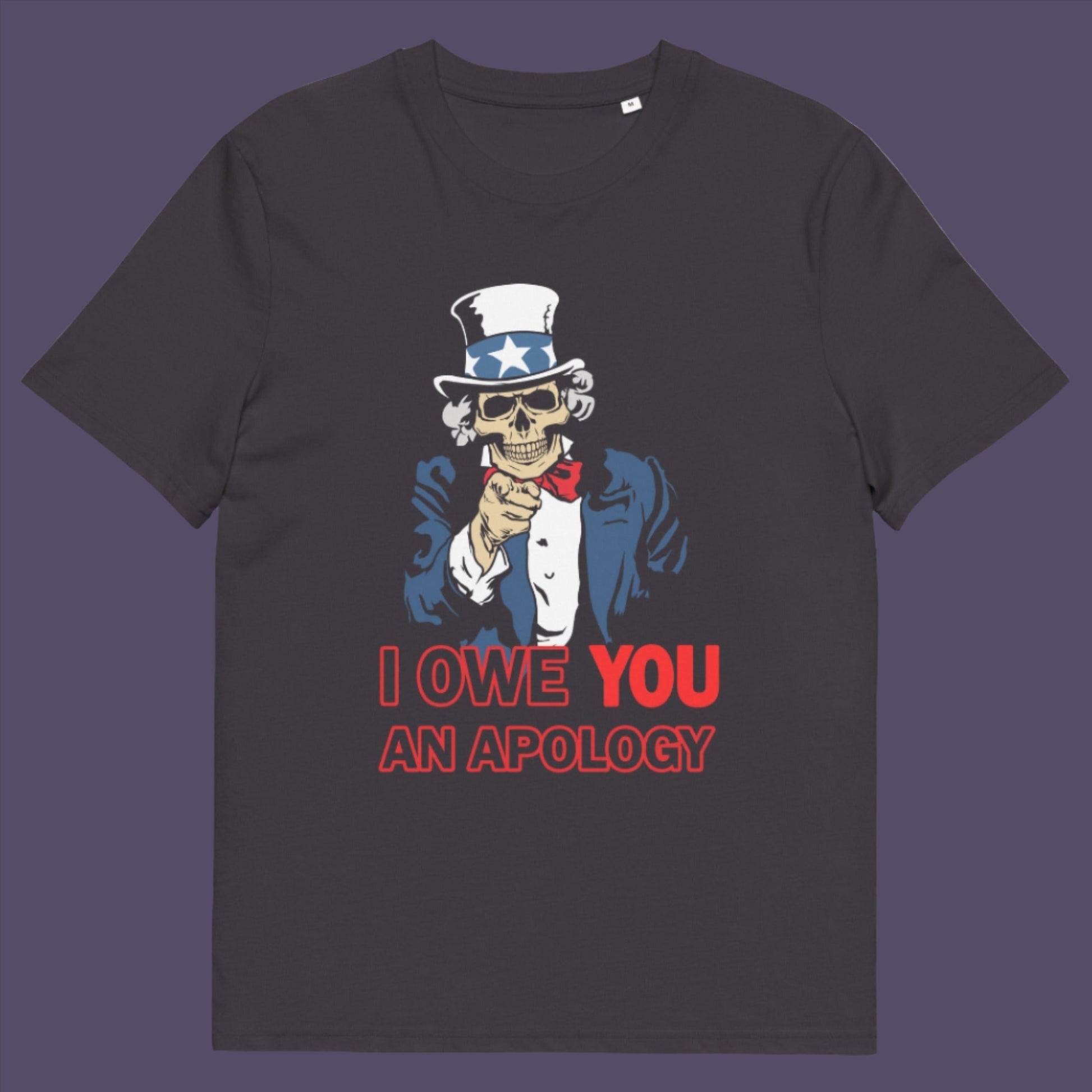 Anthracite t-shirt. A satirical t-shirt design of Uncle Sam. For too long dark deeds have been done in the name of good people. The government should always answer to the people. Made from 100% organic ring-spun cotton, this political t-shirt is unisex, high-quality, super comfy, and best of all, eco-friendly.