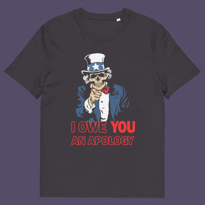 Anthracite t-shirt. A satirical t-shirt design of Uncle Sam. For too long dark deeds have been done in the name of good people. The government should always answer to the people. Made from 100% organic ring-spun cotton, this political t-shirt is unisex, high-quality, super comfy, and best of all, eco-friendly.
